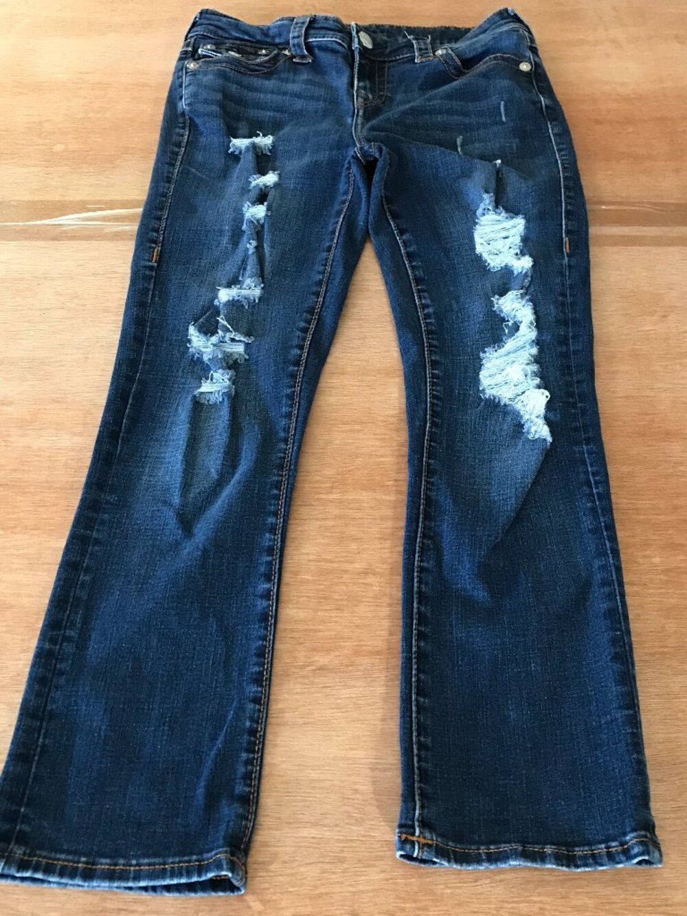 True Religion Halle Capri Jeans Women 28 Blue Mid Rise Distressed Flap Pocket